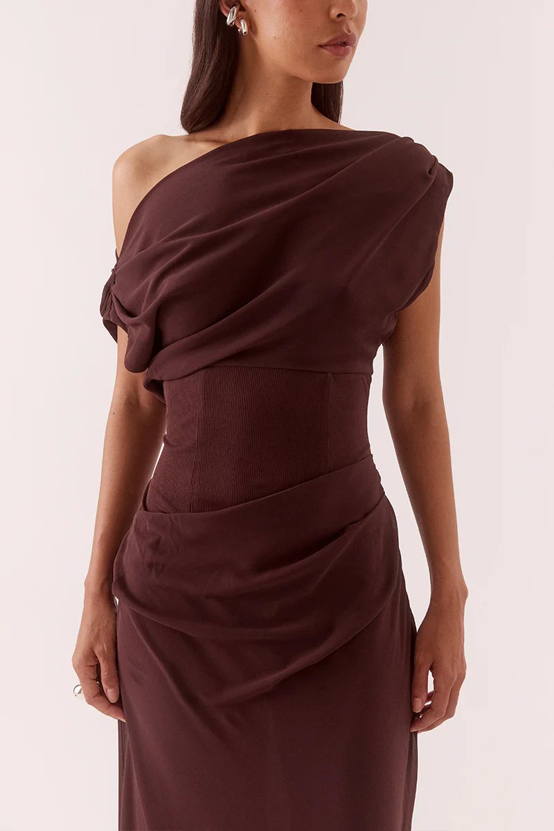 ADA OFF SHOULDER DRESS - CHOCOLATE - Image 2
